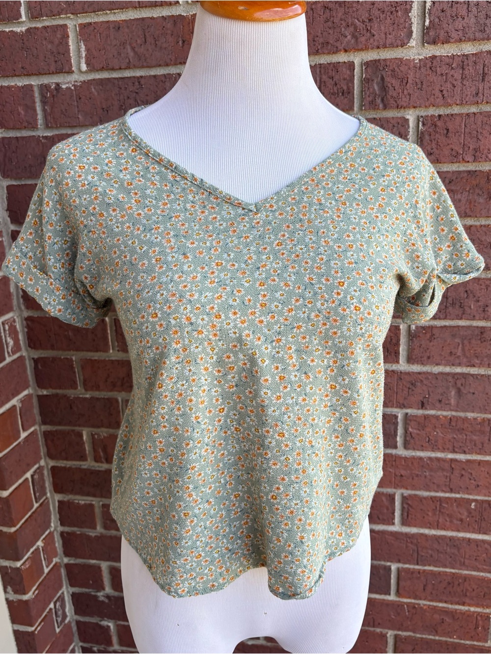 Pink Rose Sage Green Floral V-Neck Short Sleeve Top